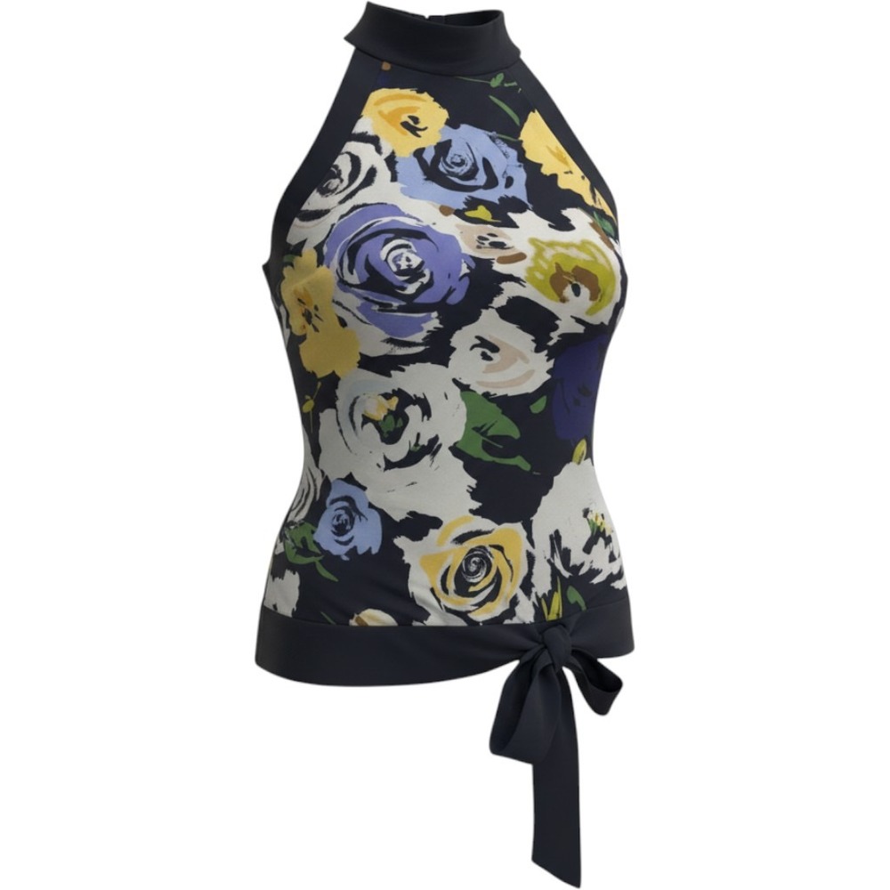 CACHE Floral Halter Top Size 8 Navy Blue Side Tie